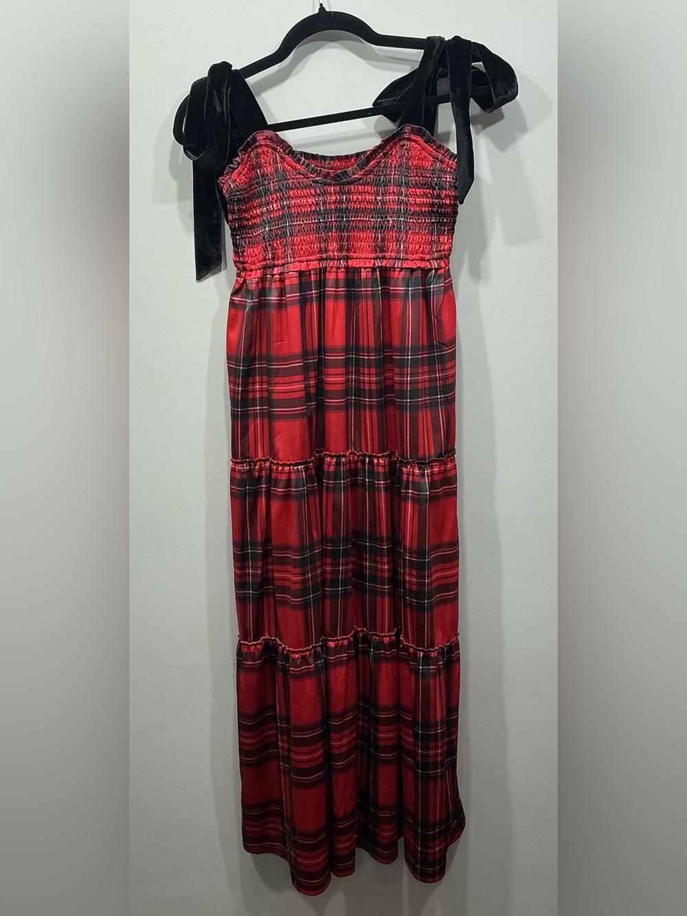 Altar’d State Plaid Tiered Midi Dress Women’s Small Red Black Velvet Tie Straps